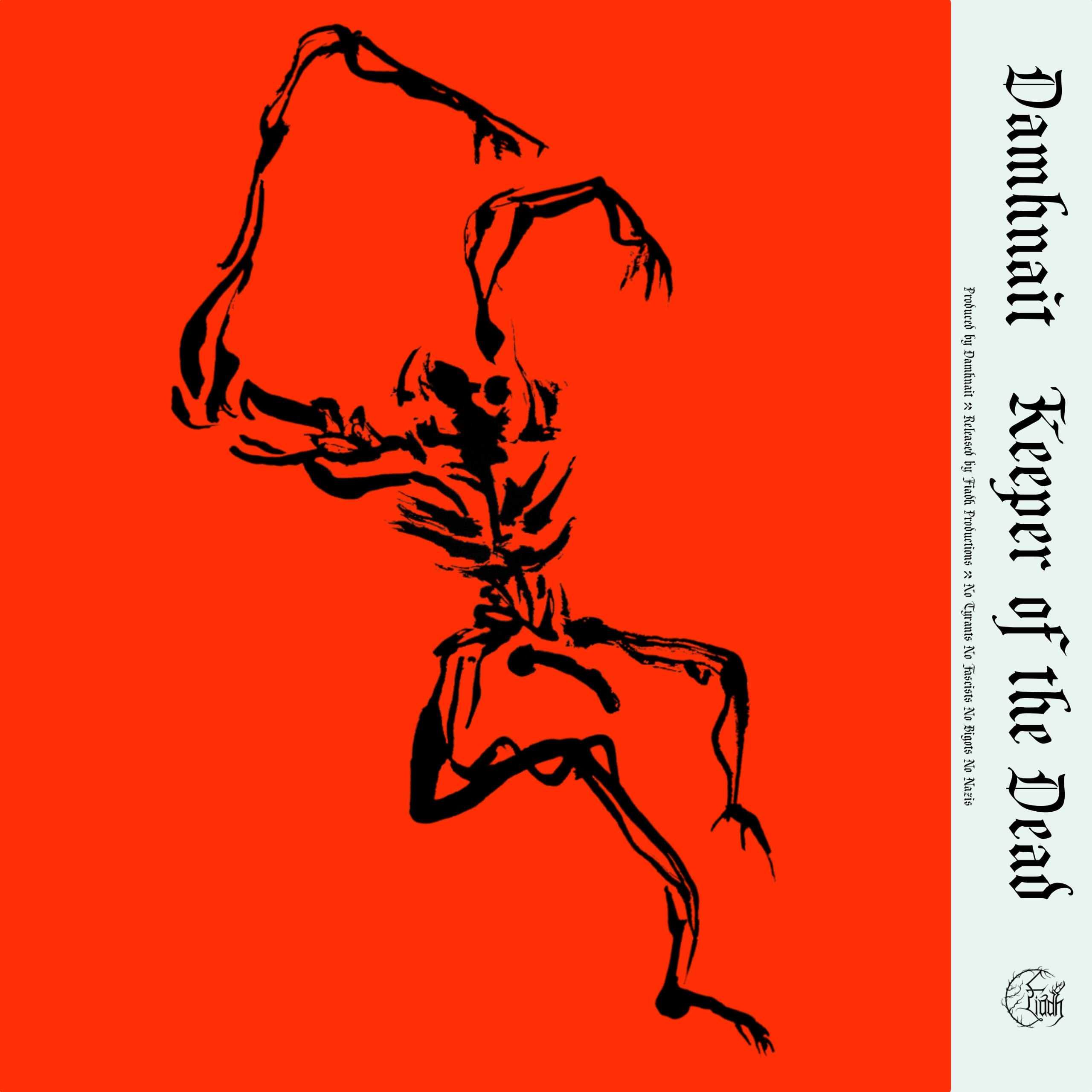 Black skeleton leaping, on an orange background, "Damhnait Keeper of the Dead" in gothic font with the Fiadh Productions logo.