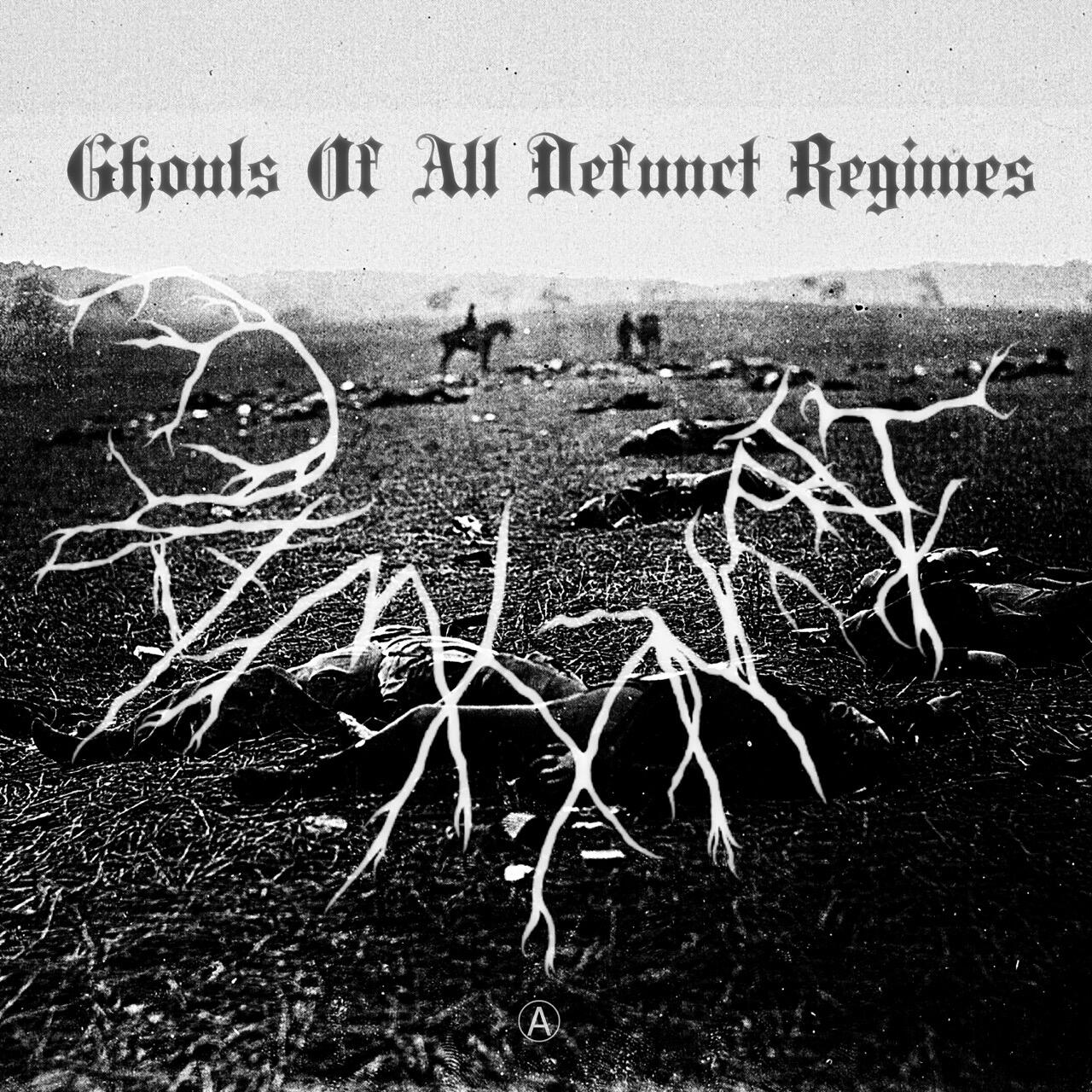Single cover showing photograph of corpses from the Battle of Gettysburg with the title "Ghouls Of All Defunct Regimes" above the spindly, tree-like DAMHNAIT logo.